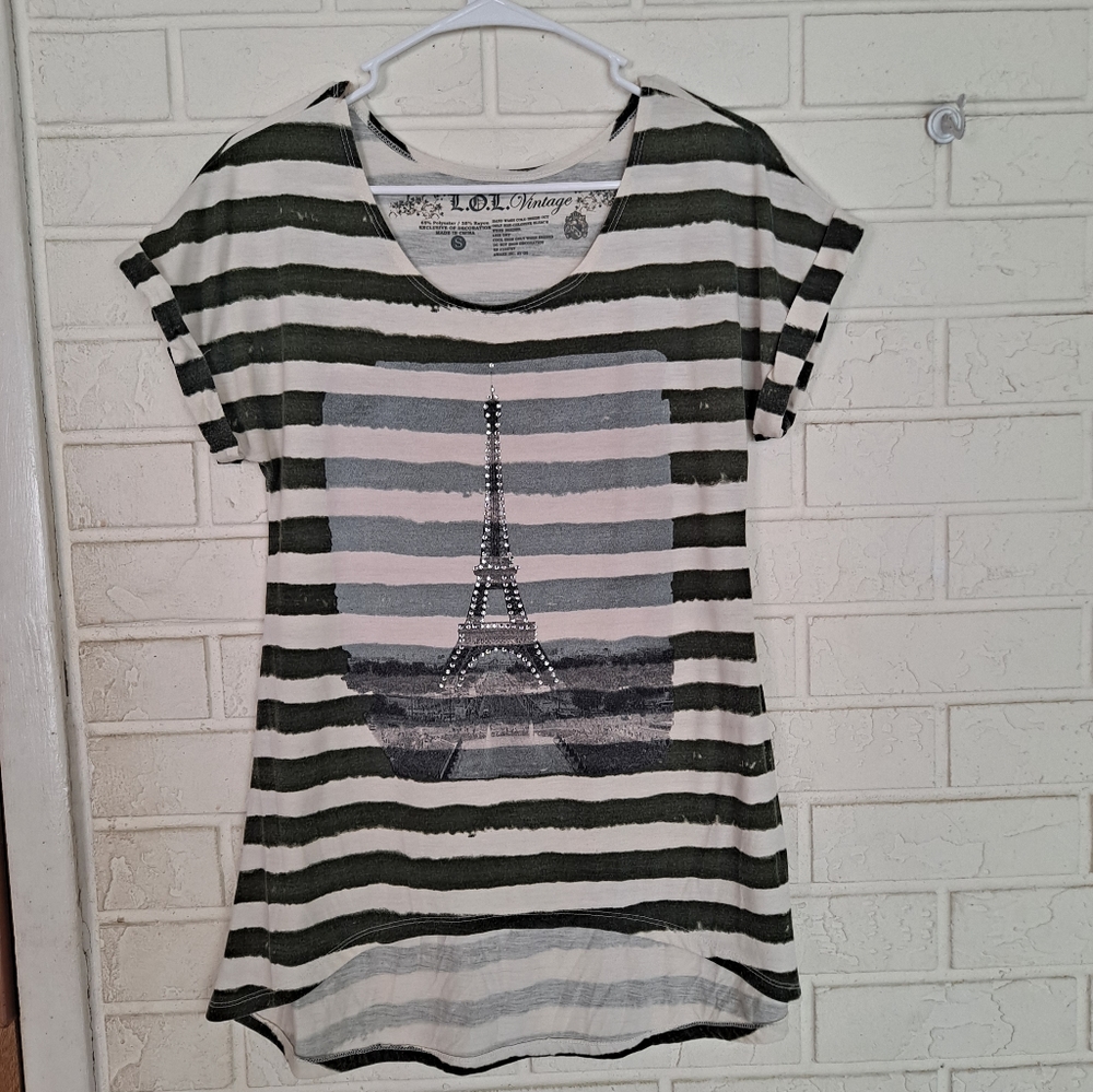 L.O.L. Vintage hi-lo cuffed short sleeve green striped Eiffel Tower top